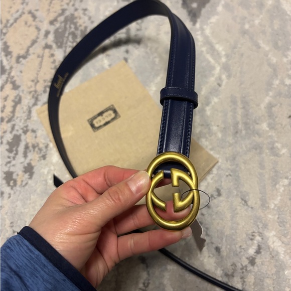 GUCCI BELT GG MARMONT ANTIQUE BRASS MEMORABLE BUCKLE BLUE AGATA WOMENS - Picture 3 of 9